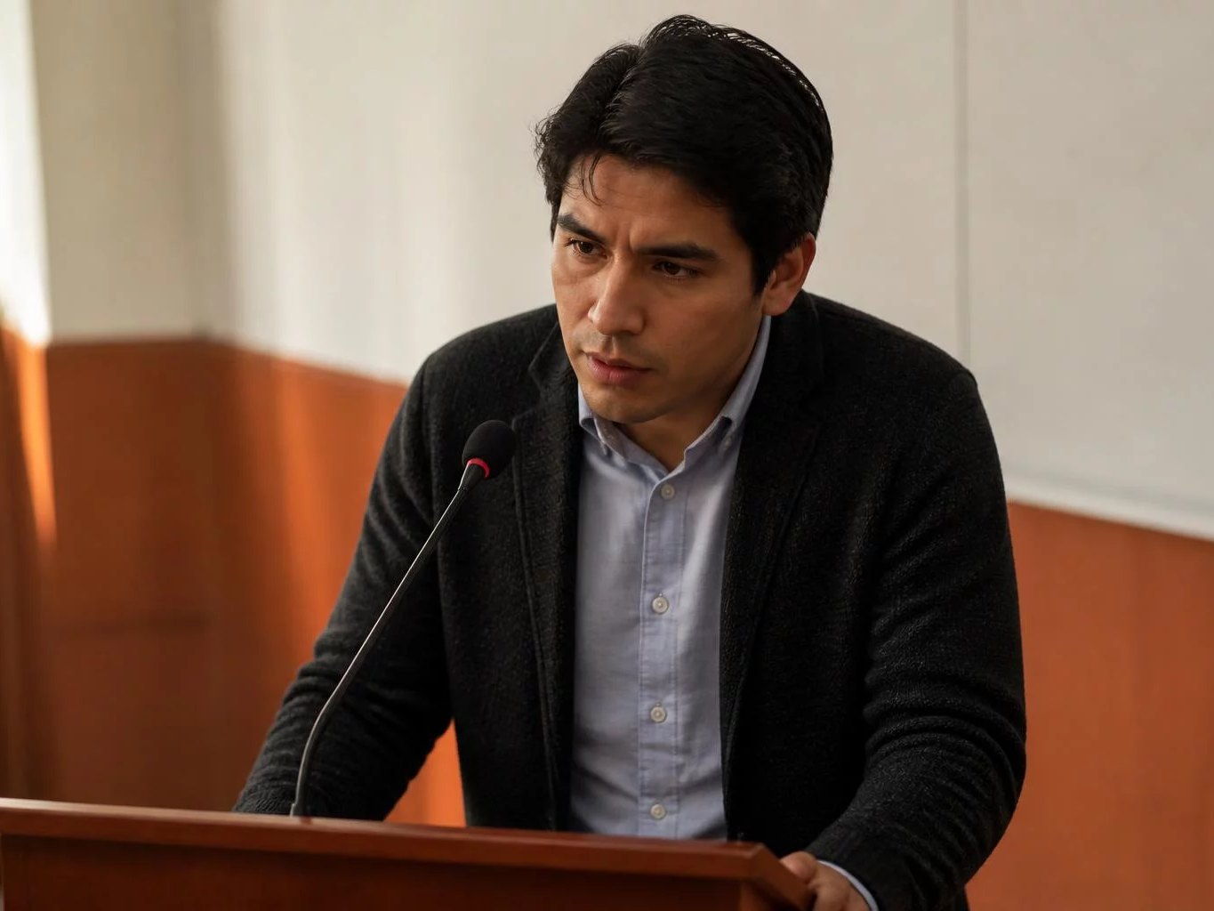 Micrófono montado en el atril de madera