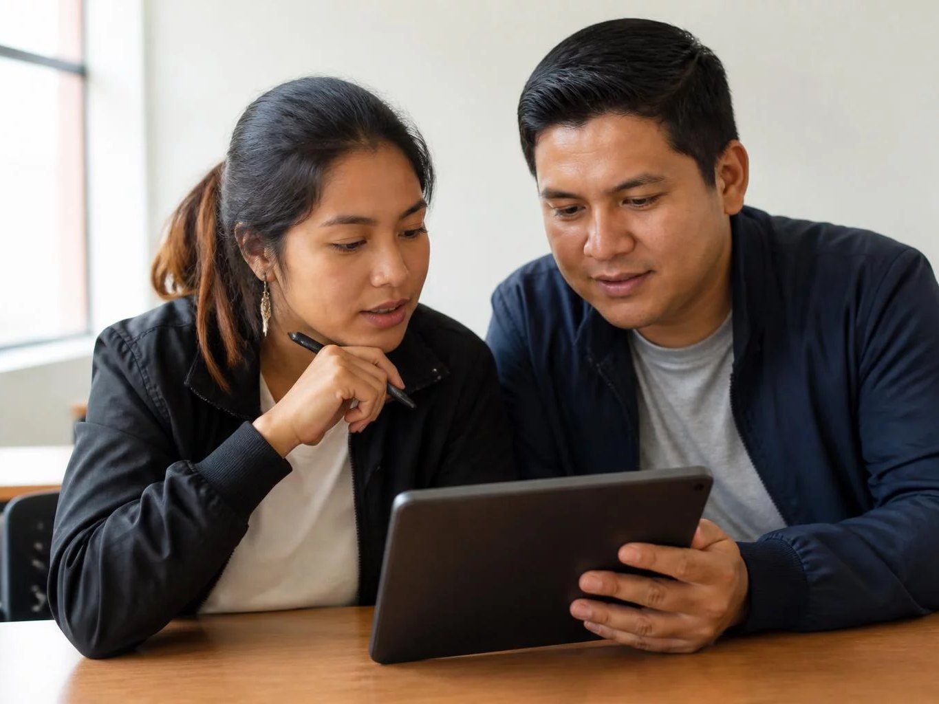Dos colegas consultando sus notas en una tablet