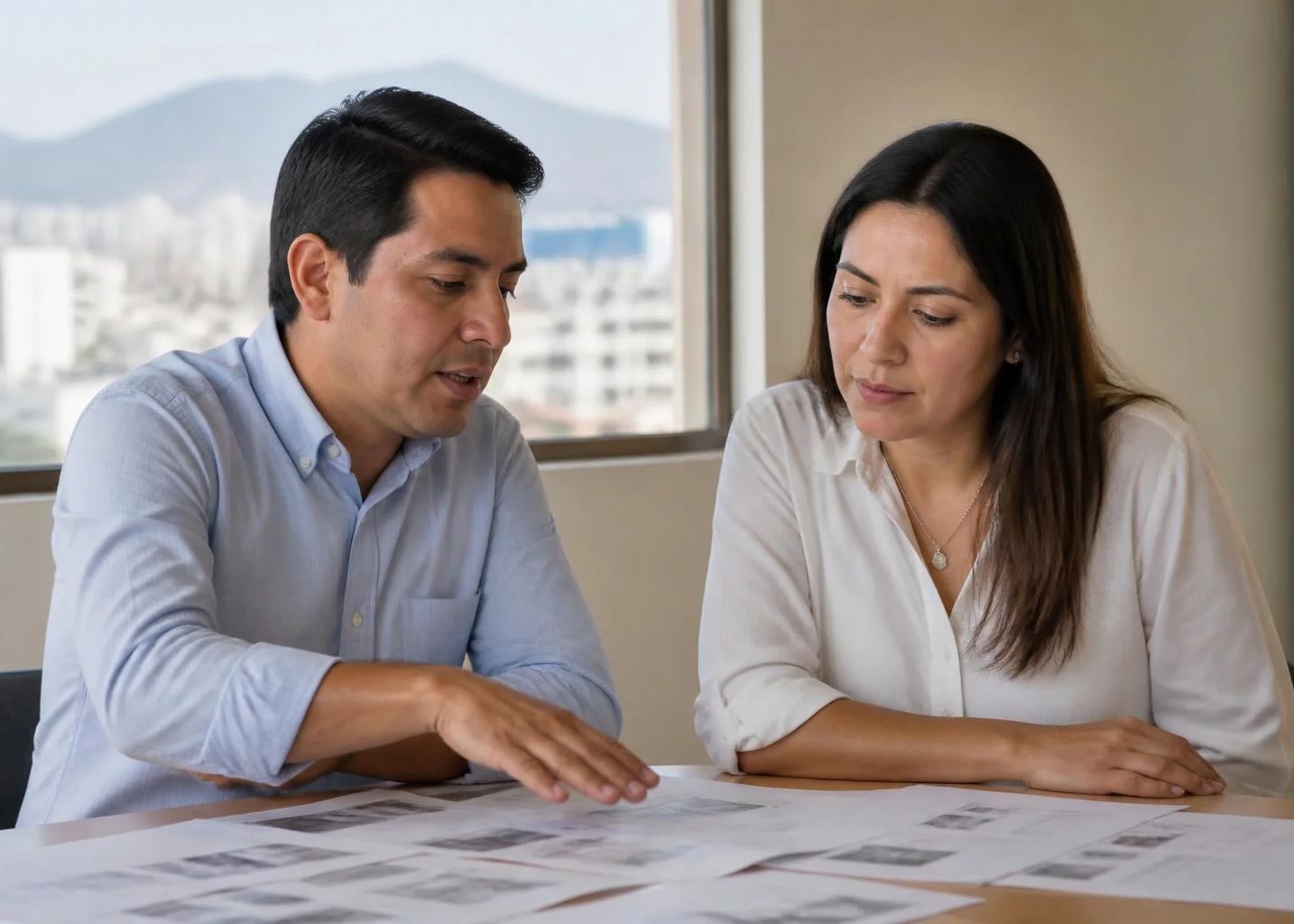 Dos personas revisando apuntes impresos sobre la mesa
