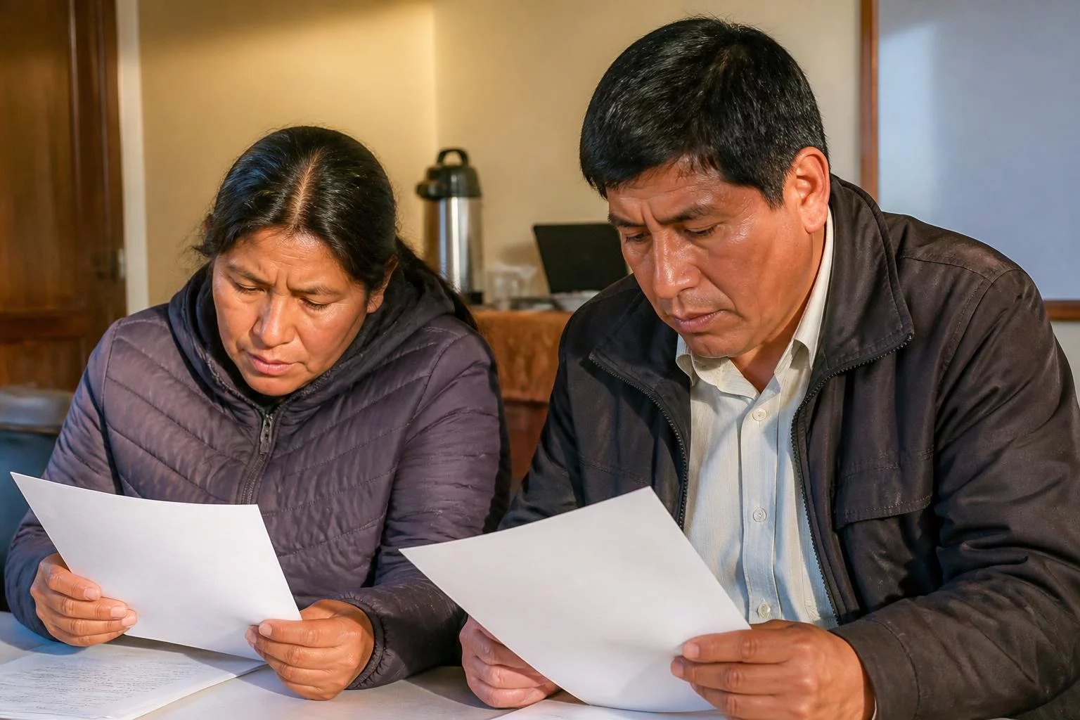 Dos personas repasando páginas impresas de argumentos