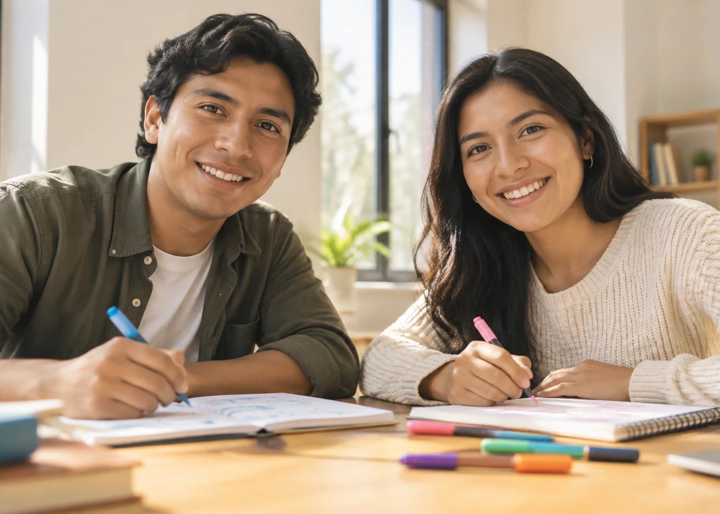 Dos personas organizando sus apuntes con plumones de colores
